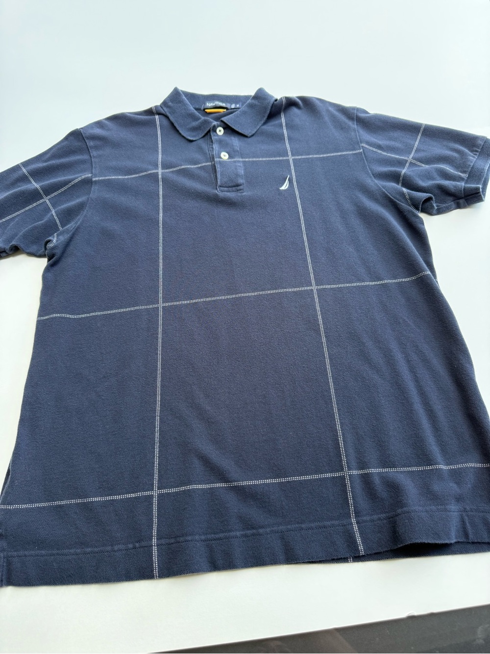 Nautica Mens Blue Check Knit Polo Shirt Size M Short Sleeve Collared Logo